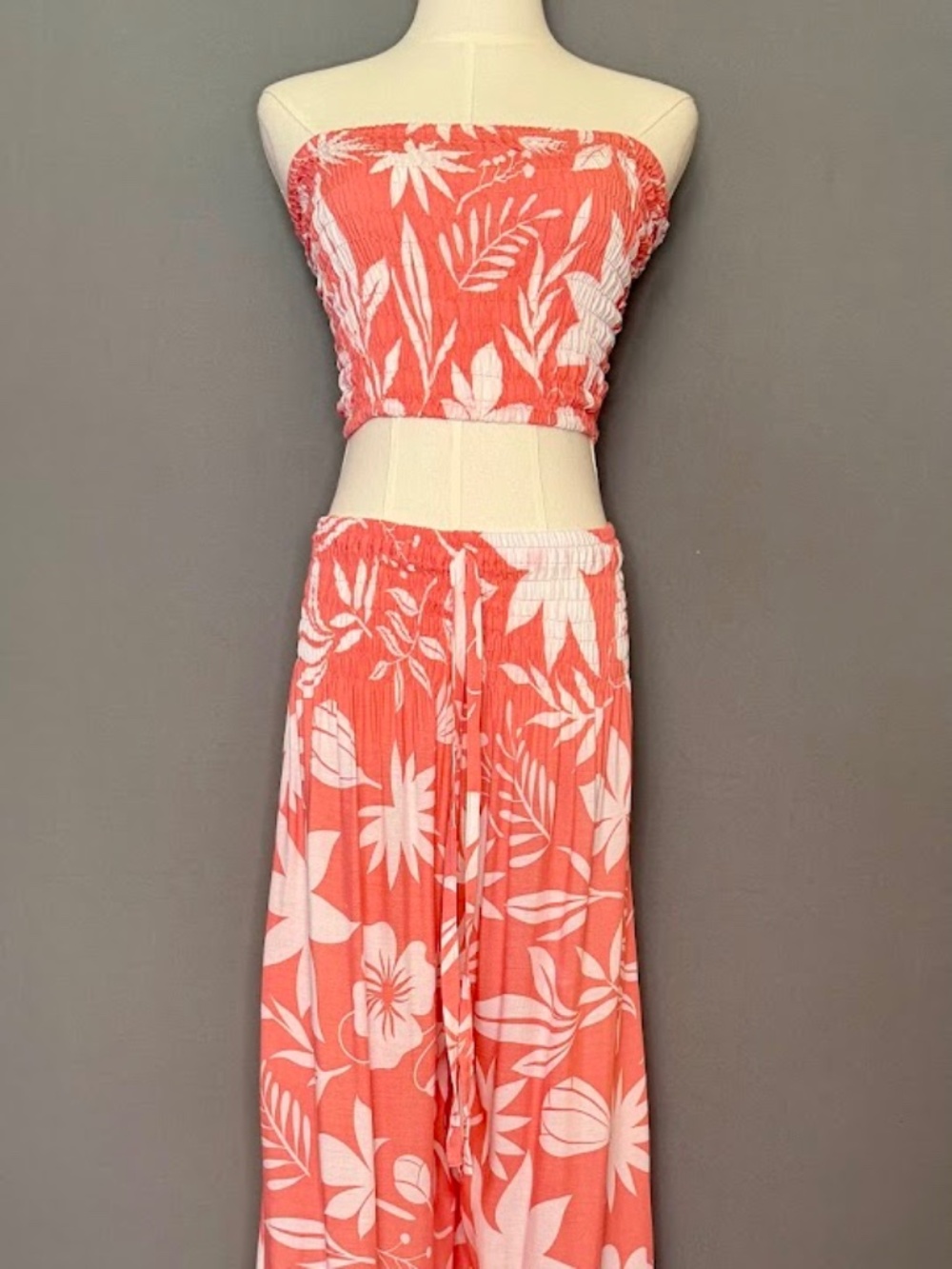 Coral Tropical Print Two Piece Set Smocked Bandeau Top Wide Leg Pants ResortWear